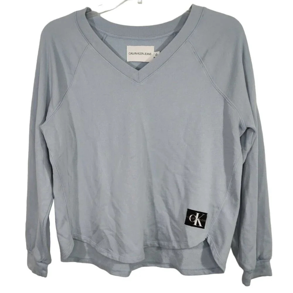 Calvin Klein Jeans Blue Vneck Sweatshirt Lightweight Women Size M Long Sleeve
